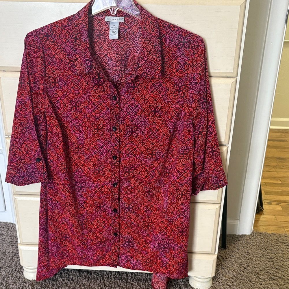 Catherines Vibrant Red, Pink, Orange and Black Blouse